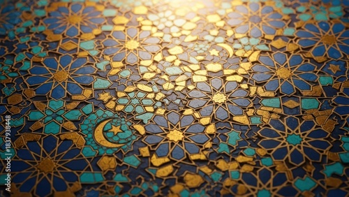 Geometric pattern design featuring floral and star shapes in gold and blue
