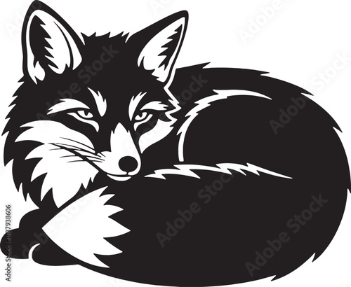 Black fox curled up on white background animal wildlife