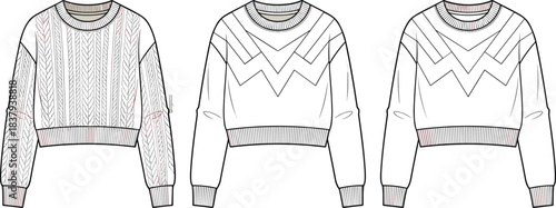 Women's cropped chevron striped and cable knit sweater technical fashion flat sketch template, drop shoulder long sleeve pullover with wide ribbed hem and cuffs.