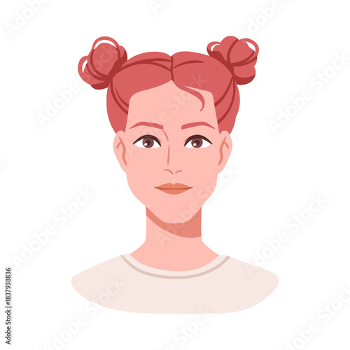 Female avatar, head portrait. Cute young woman with two hair buns, pretty haido, hairstyle. Beautiful attractive groomed girl, user profile. Flat vector illustration isolated on white background