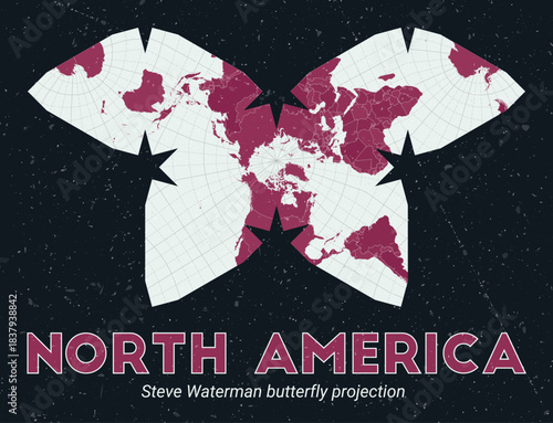 North America. World map. Steve Waterman butterfly projection centered to North America. Pale Mint Dark Pink palette. Vintage texture. Authentic vector illustration.