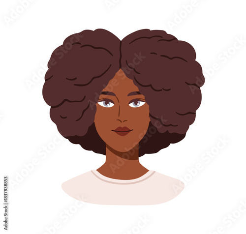 Black woman face avatar. African-American girl with afro fuzzy fluffy hair curls, hairstyle. Female head portrait. Young person, user profile. Flat vector illustration isolated on white background