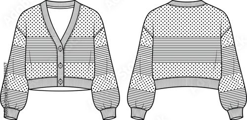 Women's cropped V-neck cardigan technical fashion flat sketch template, color block polka dot and striped knit pattern, button closure, and ribbed trims.