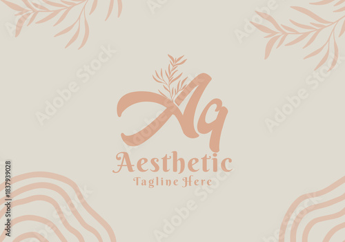Brush style Aq initial letter logo with aesthetic leaf accents