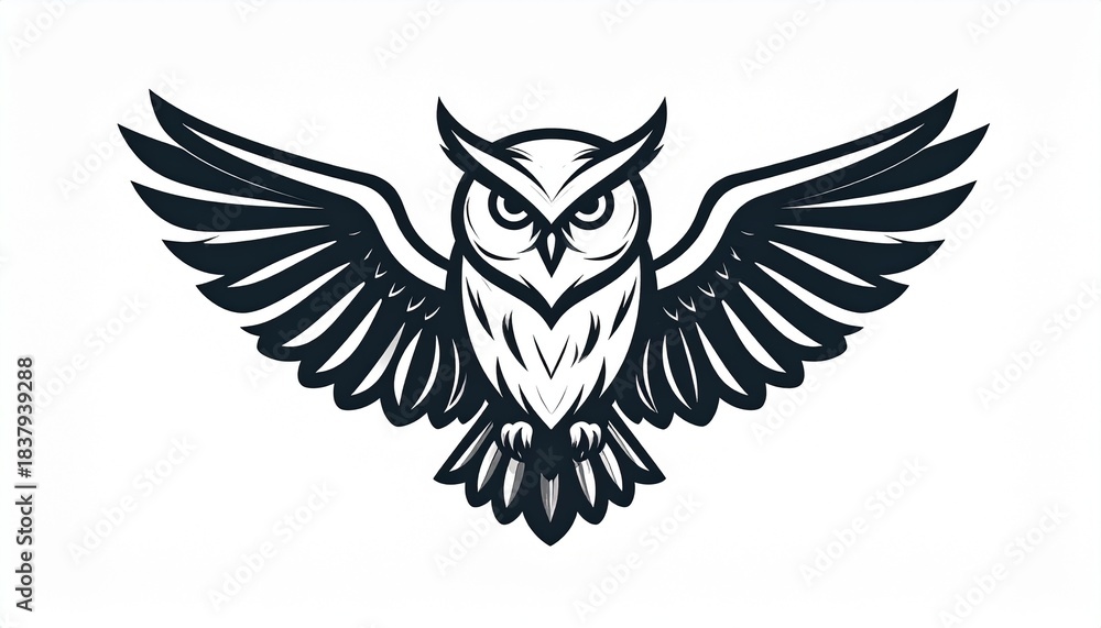 Obraz premium Black and white stylized owl with spread wings in bold mascot design, ideal for logos, team emblems, branding, and modern vector graphics.