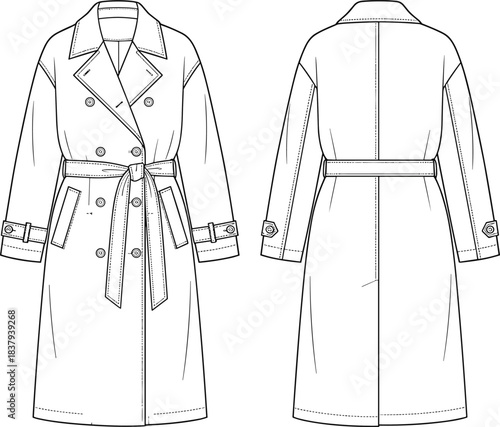 Women's or Unisex classic double-breasted trench coat technical fashion flat sketch template, midi length with belt, storm flaps, and adjustable cuff straps detail.
