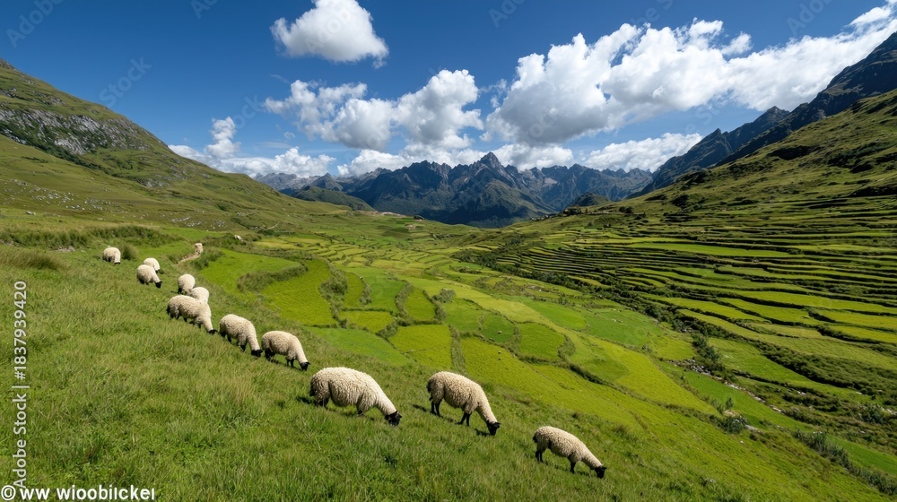 Fototapeta premium Sheep graze on a verdant hillside, overlooking terraced fields and mountains under a bright blue, cloudy sky