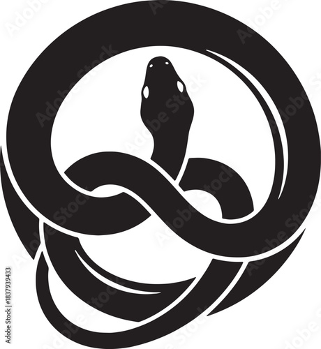Black silhouette of a coiled snake in a circle Keywords: snake, serpent, reptile, coil, circle