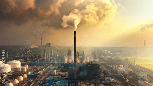 Aerial shot of industrial factory plant chimney emitting smoke causing air pollution against golden sunset sky