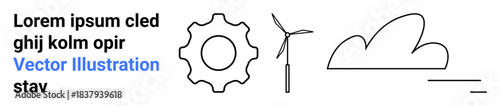 Sustainability, renewable energy, technology, innovation, ecological balance, environmental solutions. Abstract gear, wind turbine cloud symbols in line-art style. Renewable energy and technology