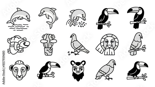 Black and white animal icons dolphins toucans birds lion and more