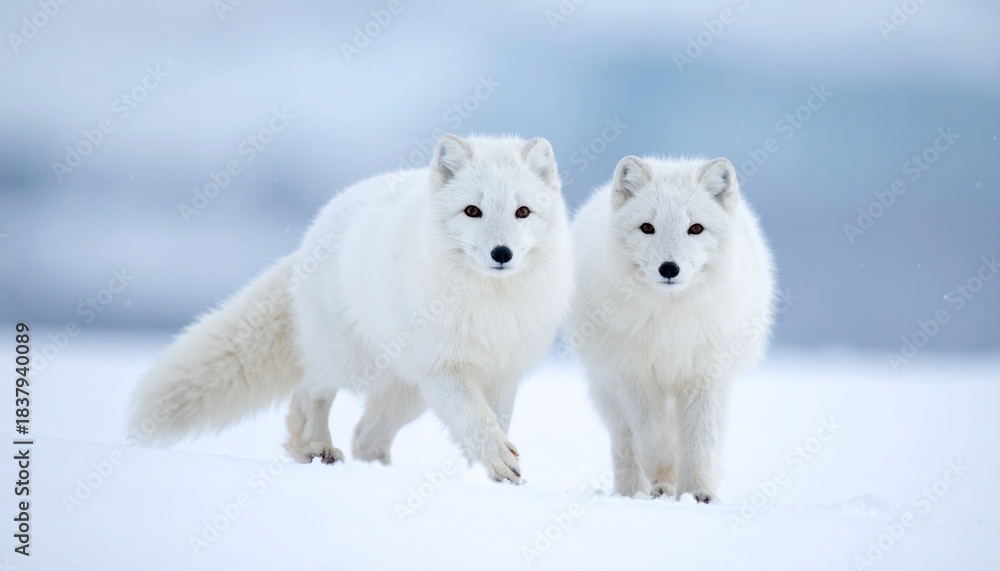 Obraz premium Two arctic foxes closeup on frozen snowy winter background. 