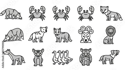 Animal icons set of various mammals and crustaceans in simple line art