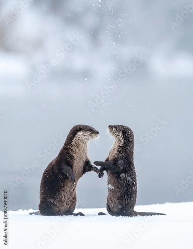 Two cute wild otters in white snow, cold winter background. 