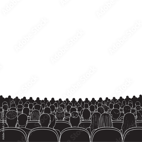 Silhouette of audience crowd sitting in cinema or theater rows. Back view of people heads watching a movie, presentation or performance vector illustration isolated on white background.
