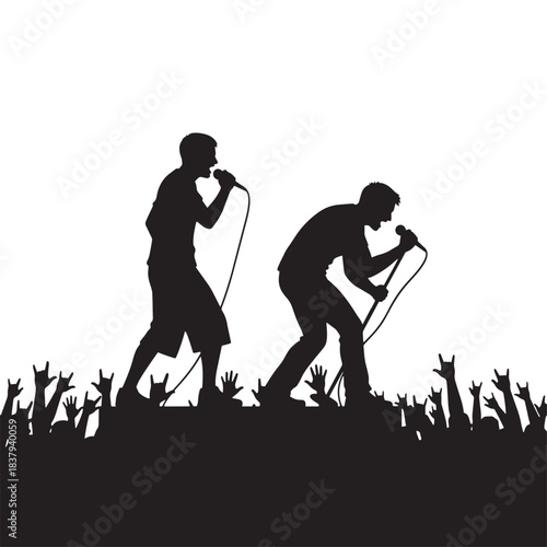 Silhouette of music concert crowd and singers on stage holding microphones. Live performance band with fans raising hands in excitement. Rock star vocalist entertainment vector illustration.
