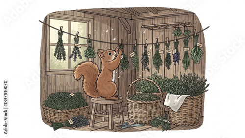 Squirrel hanging herbs in shed