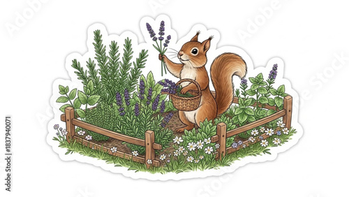Squirrel picking herbs in garden