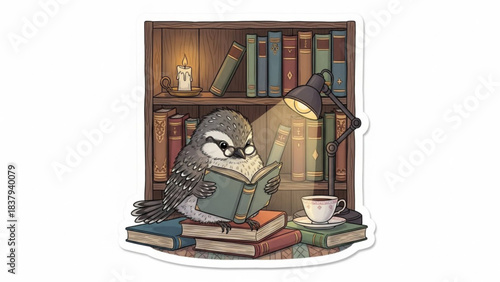 Owl reading book in library illustration