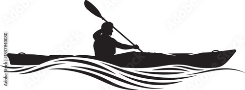 Black silhouette of a person kayaking on wavy water