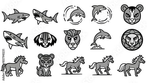 Animal icons set sharks dolphins lions tigers horses for design projects