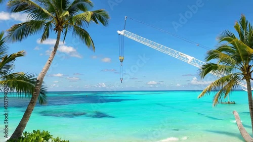 Tropical Paradise with Construction Crane Over Turquoise Ocean and Palm Trees.