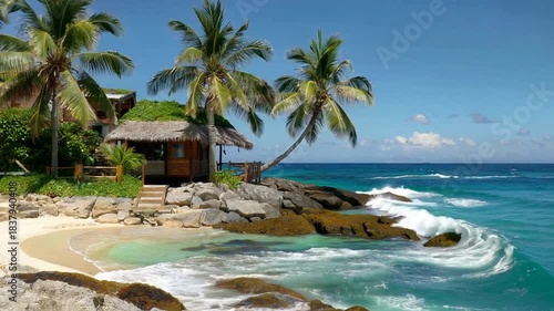 Tropical Paradise Beach with Palm Trees and Ocean Waves on a Sunny Day.