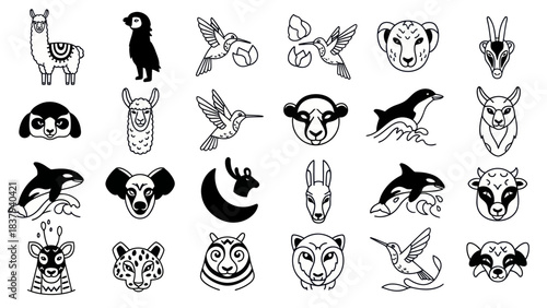 Animal icons vector set various mammals birds and marine life illustrations