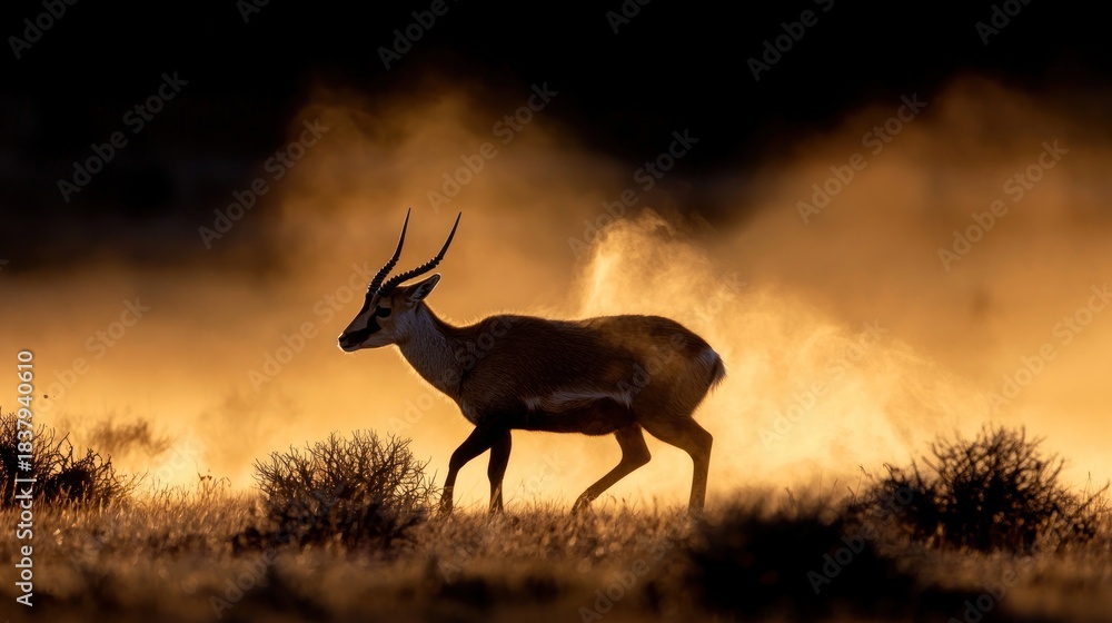 Fototapeta premium Silhouette of antelope walking through dust and golden light, with low-lying brush