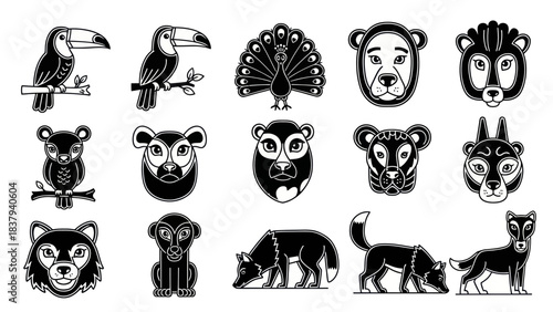 Black and white animal icons set featuring birds and mammals collection