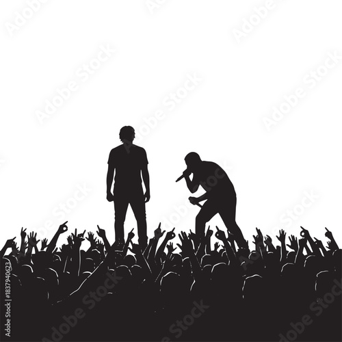 Silhouette of music concert crowd and singers on stage holding microphones. Live performance band with fans raising hands in excitement. Rock star vocalist entertainment vector illustration.
