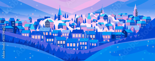 Christmas winter town snowy landscape evening houses hills snow falling blue and pink color palette seasonal holiday scene banner