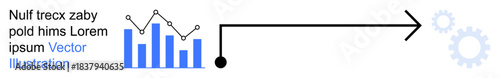 Data visualization, business analytics, workflow processes, strategic planning, technology systems, productivity analysis. Bar chart with connecting line graph and arrow leading to gears. Data
