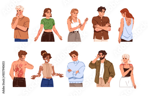 People with skin diseases set. Sad men amd women suffer from itchy rash, hives, shingles, atopic dermatitis and itch. Girls and boys with allergy, eczema. Flat isolated vector illustrations on white