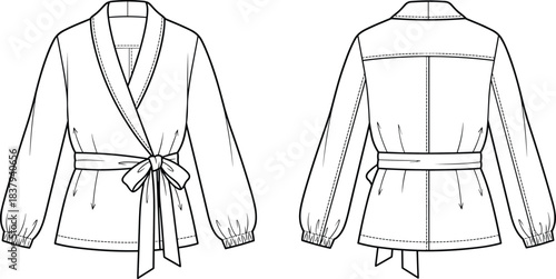 Women's stylish wrap blouse technical fashion flat sketch template, tie-front closure, puff long sleeves with shirring detail, and wide belted waist design.