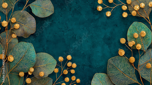 Golden branches and elegant leaves create a decorative frame on a dark teal background, forming a luxurious composition.
