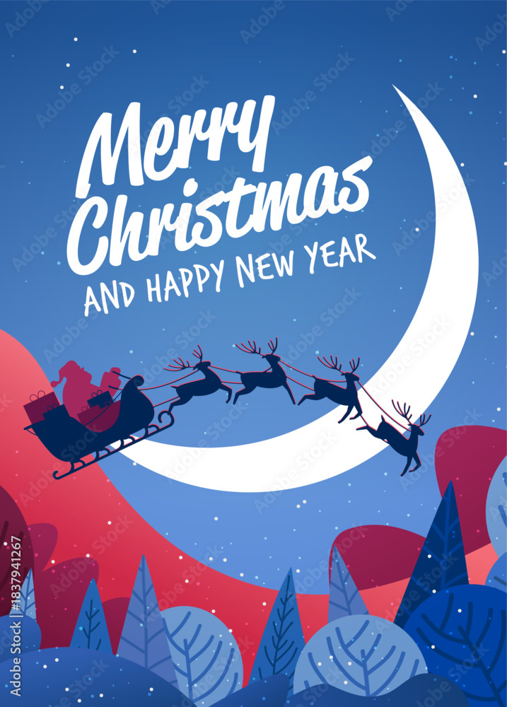 Naklejka premium Santa sleigh reindeer Christmas night moon forest landscape festive winter scene red blue snowy hills pine trees sky