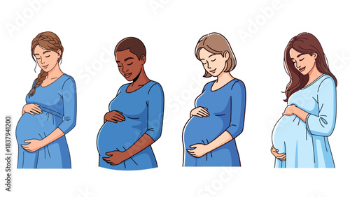 Diverse Pregnant Women Illustration – Multicultural Expectant Mothers Standing in Blue Maternity Dresses, Caring Gestures, Happy Pregnancy Concept Vector
