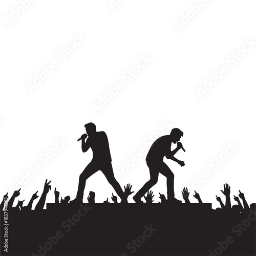 Silhouette of music concert crowd and singers on stage holding microphones. Live performance band with fans raising hands in excitement. Rock star vocalist entertainment vector illustration.
