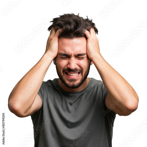Man with hands on head expressing distress stress anxiety frustration and pain