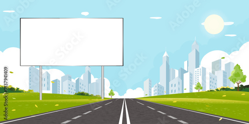 Urban road with blank billboard in cityscape for Environmental Background,Vector flat design spring, summer landscape for advertising mockup,marketing presentation,banner template,outdoor promotion 