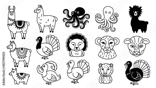 Black and white animal illustrations set for design and decoration