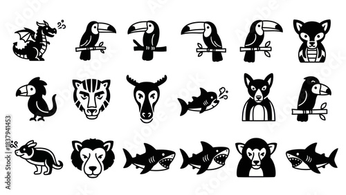 Black and white animal icons vector illustrations of various wildlife