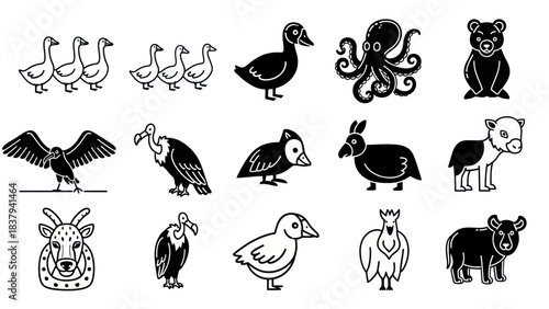 Black and white animal illustrations for design and educational projects