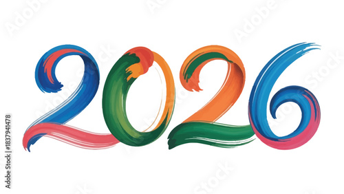 Year 2026 Typography: A vibrant and colorful typographic design featuring the year 2026, creatively rendered with brushstrokes. This artwork is suitable for representing future events, goals.