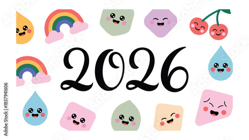 Joyful 2026 Illustration: A vibrant and whimsical illustration announces the year 2026, surrounded by charming cartoon elements, exuding happiness and cheerfulness.