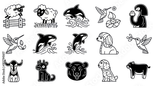 Black and white animal illustrations sheep orca hummingbird dog and more