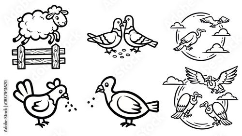 Black and white animal illustrations sheep pigeons chicken and vultures