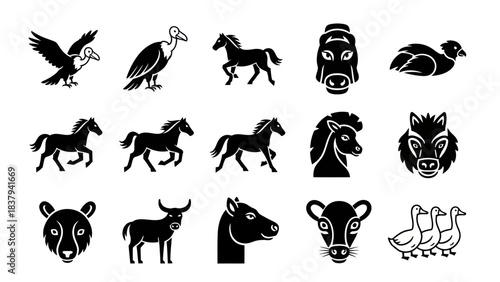 Black and white animal silhouettes representing various fauna for design use