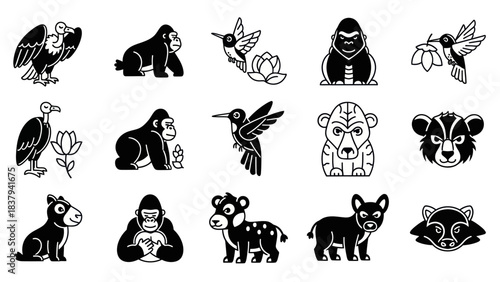 Black and white animal icons wildlife illustrations and design elements